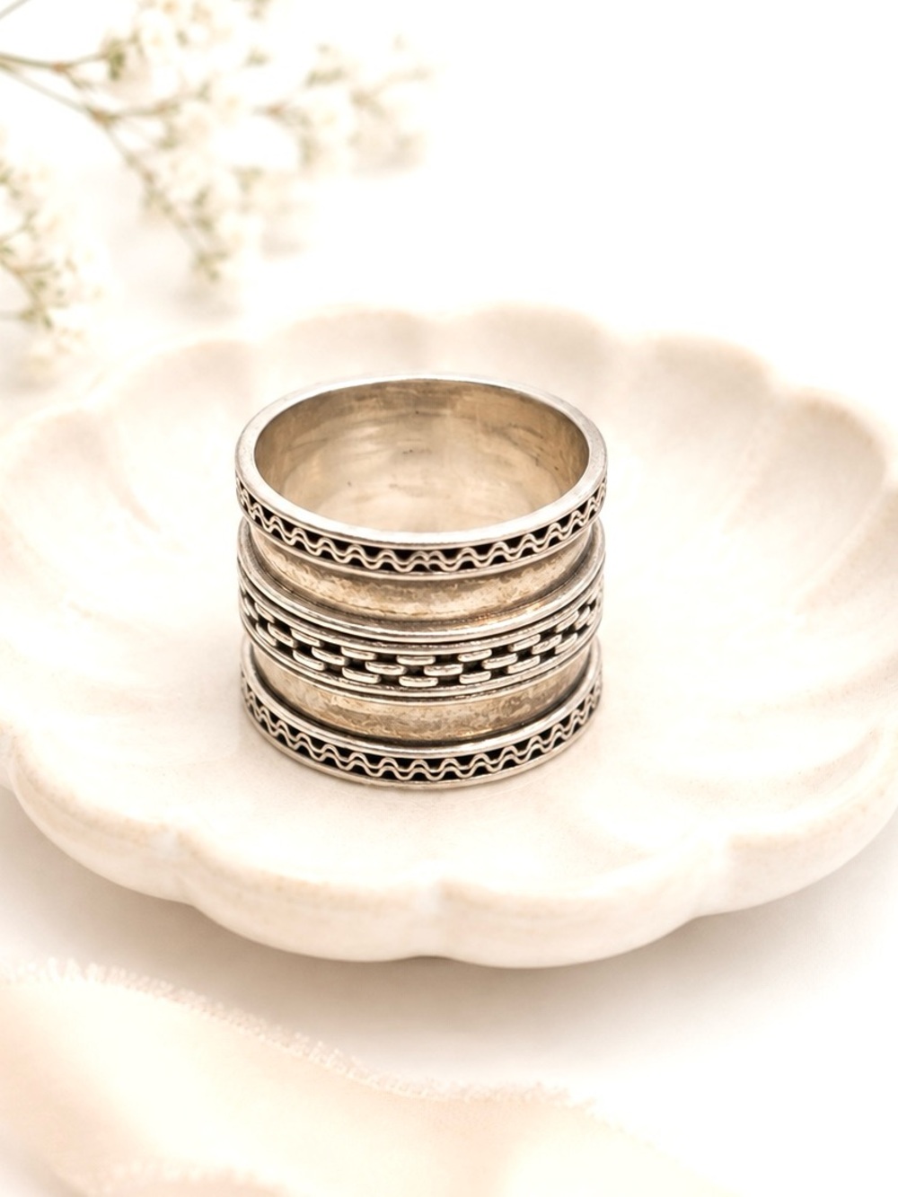 Designer 925 Sterling Silver Textured Stackable Wide Band Ring - Size 7